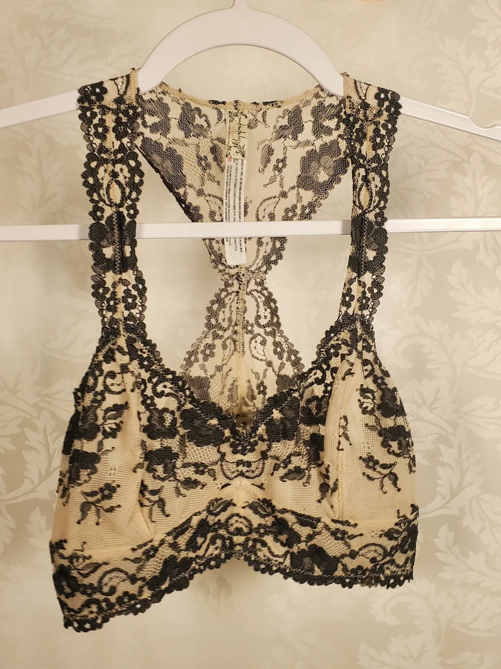 Free People Black Lace Overlay Racerback Bralette on Cream - Picture 4 of 6